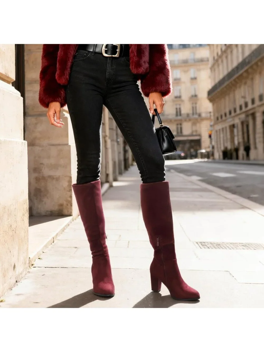 Women's Burgundy Faux Fur Lined Square Toe Side Zipper Knee High Riding Boots